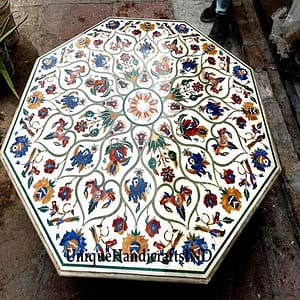 White Marble Round Table Top Semi Precious Stone Inlay Handmade For Home Decor