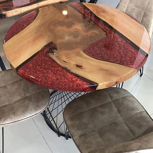 Red Round Epoxy Table Top Handmade Wood Furniture