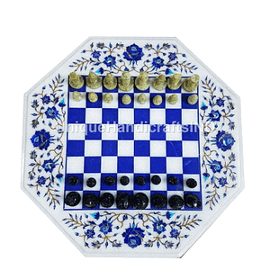 White And Blue Marble Chess Board With Marble Chess Pieces Handmade For Home Decor