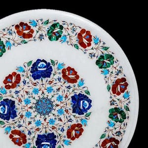 White Marble Round Table Top Semi Precious Stone Inlay Handmade For Home Decor
