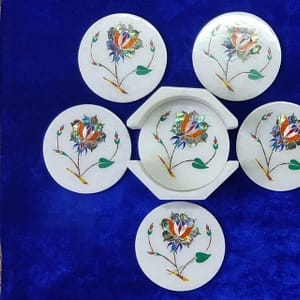 White Marble Coaster Set For Drinks Unique Inlay Pietra Dura Art Christmas Gift