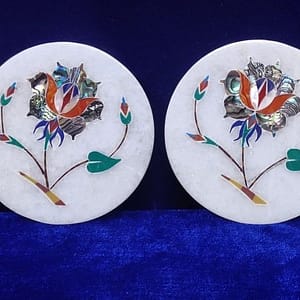 White Marble Coaster Set For Drinks Unique Inlay Pietra Dura Art Christmas Gift