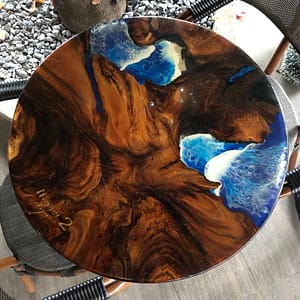Blue Round Epoxy Resin River Table Top For Handmade Indoor Gift For Her