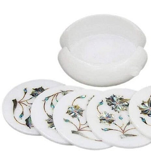 White Marble Coasters Set With holder For Drinks Unique Inlay Pietra Dura Art for 6 coasters & 1 holder