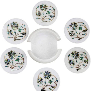 White Marble Coasters Set With holder For Drinks Unique Inlay Pietra Dura Art for 6 coasters & 1 holder
